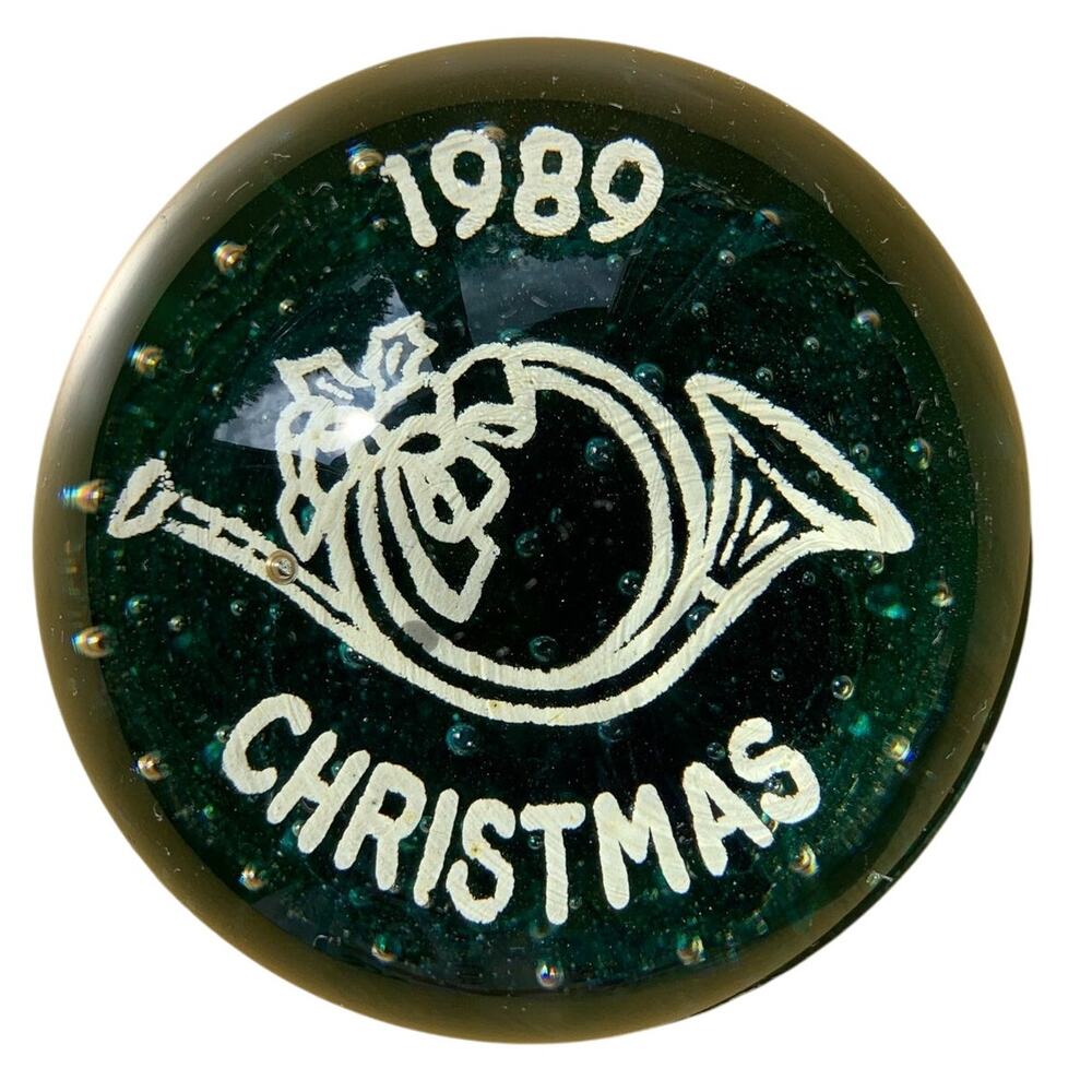 Vintage 1980s Millville Art Glass Paperweight Christmas 1989 French Horn Green